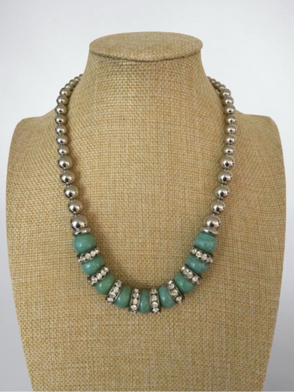 Vintage Estate Silver Bead & Dyed Agate Necklace w/ Sterling Rhinestone Spacers - Picture 5 of 12